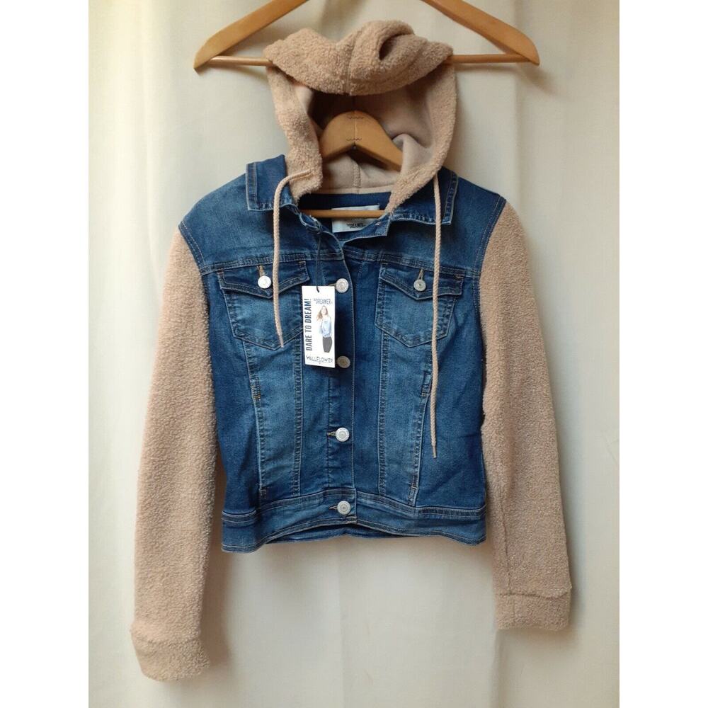 WALLFLOWER Champagne Ezra Fleece Button Stretch Denim Hooded Jacket Sz S New